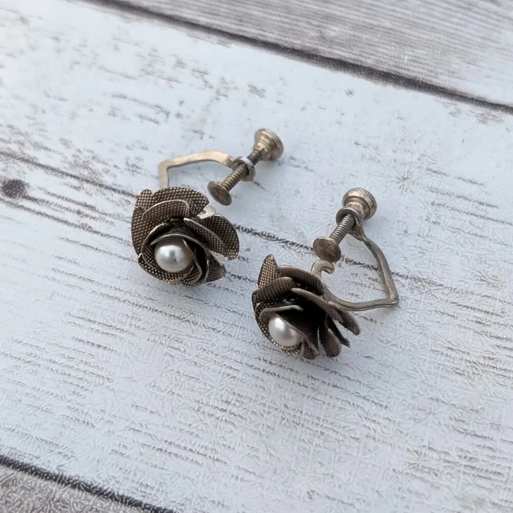 Vintage Screw Back Earrings Brass Tone Flower - One is Bent